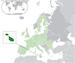 Location of &nbsp;Malta&nbsp;&nbsp;(Green circle)–&nbsp;in Europe&nbsp;&nbsp;(light green &&nbsp;dark grey)–&nbsp;in the European Union&nbsp;&nbsp;(light green)&nbsp; –&nbsp; [Legend]